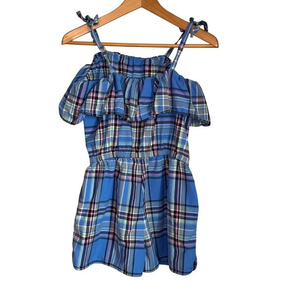 Tea Collection Girls 16 Blue Plaid Cotton Romper Jumpsuit Summer Outfit - Picture 2 of 6